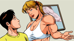 When Brad answers the door to his wealthy girlfriend's lavish home, he's surprised to see her Amazonian-built personal trainer, ready for his girlfriend's usual session! Unfortunately, she's out of town and can't make her routine appointment, so rather than let it go to waste, muscle-packed Amanda offers Brad some special one-on-one training! Training which quickly turns from profressional, to playful, to sexual, as she can't help but use Brad's much smaller form, showing off her vastly superior strength, while bringing them both to the peaks of erotic pleasure! Amazing artist Genaro returns, on a super sexy story from AmazonFan!
